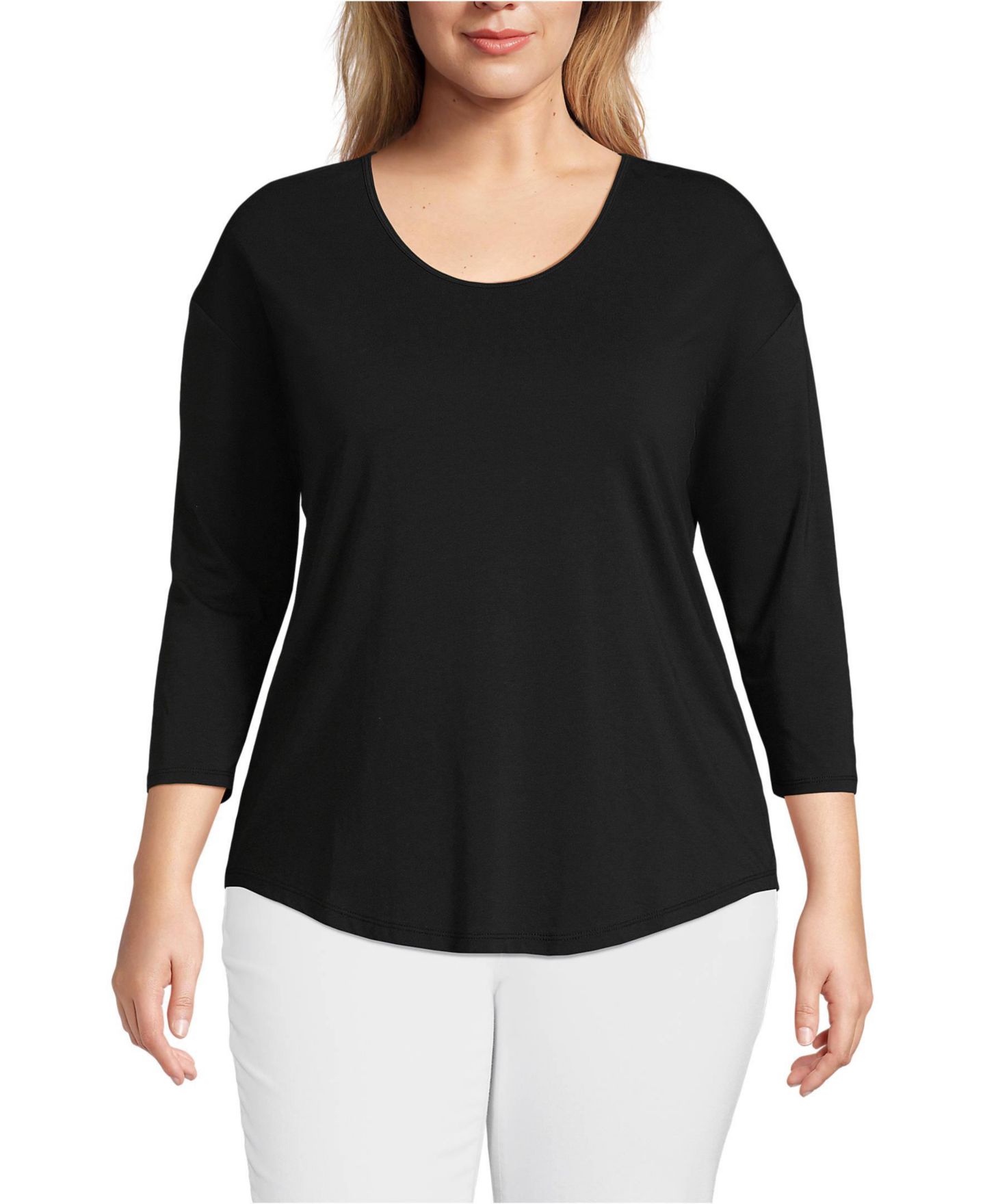 Женская футболка Lands' End Plus Size 3/4 Sleeve Lightweight Jersey Shirttail, цвет: Чёрный — фото 1