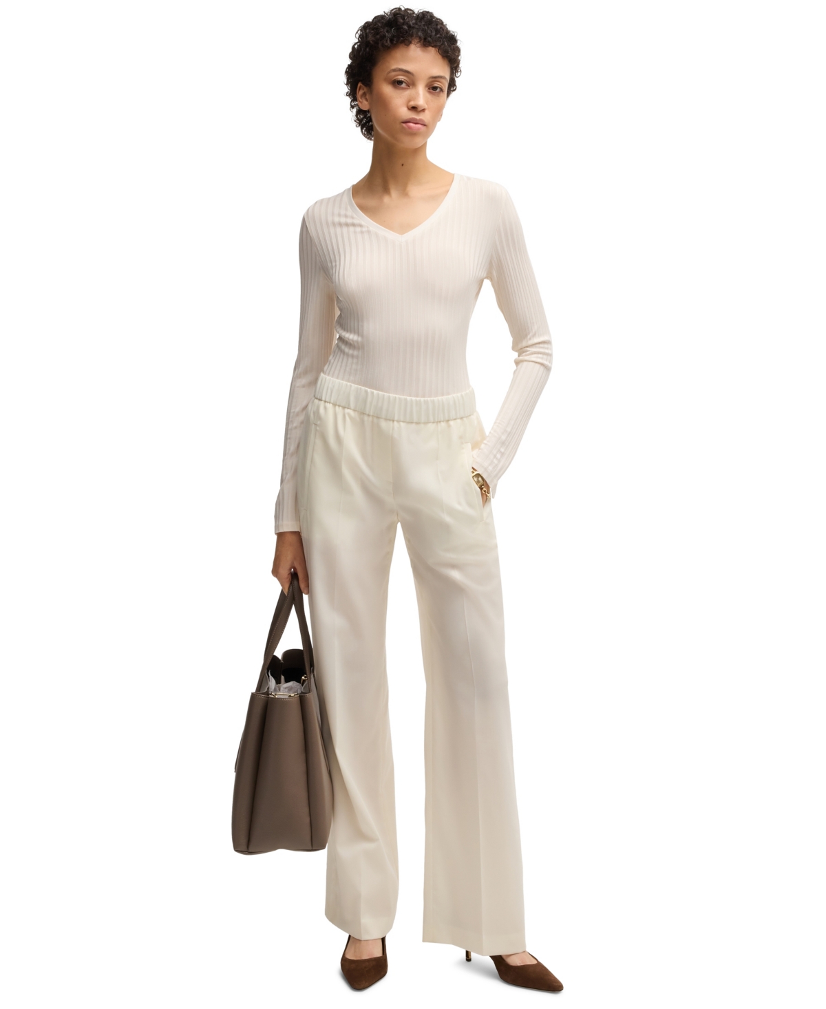 Hugo Boss Boss By  Women's Long-sleeved V-neck Top In Open White