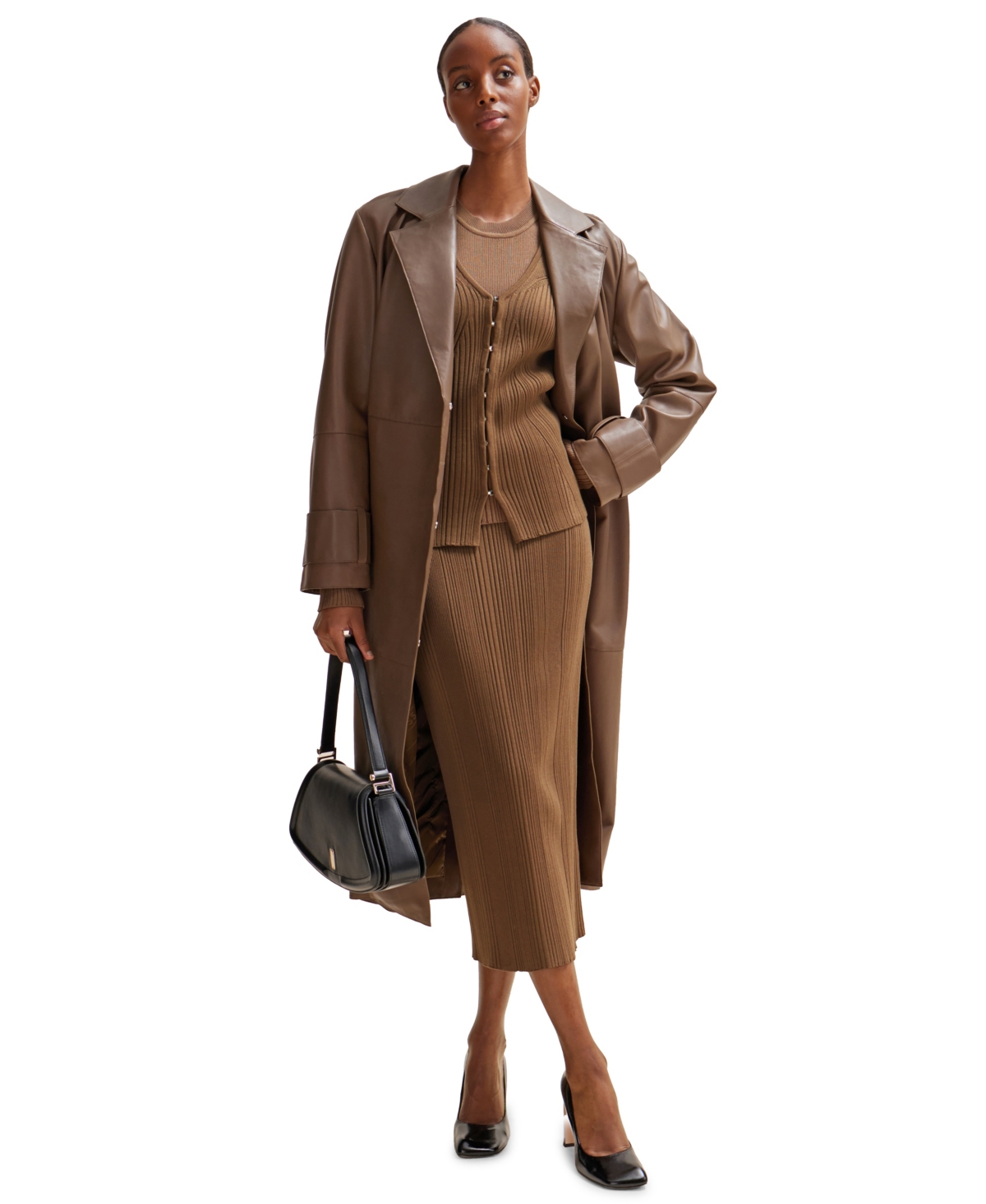 Hugo Boss Ribbed Cardigan In Stretch Fabric With Hook Closures In Open Brown