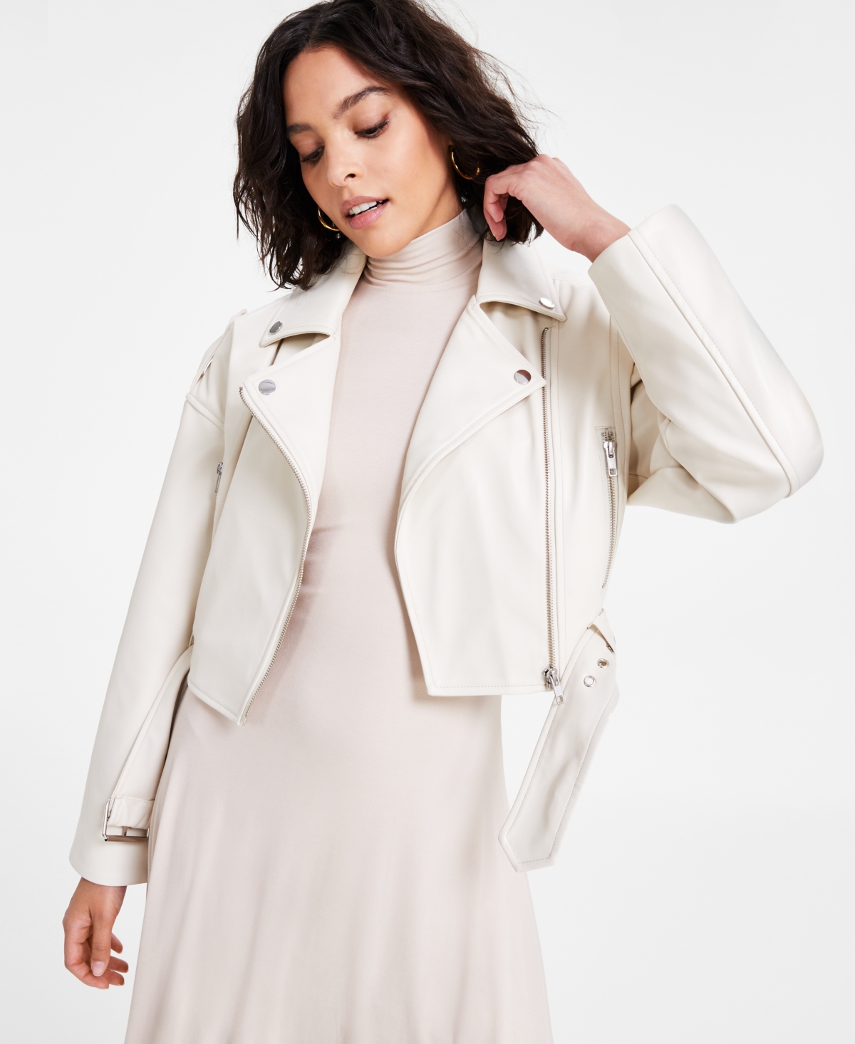 Women's Faux-Leather Long-Sleeve Moto Jacket, Exclusively at Macy's - Eggnog