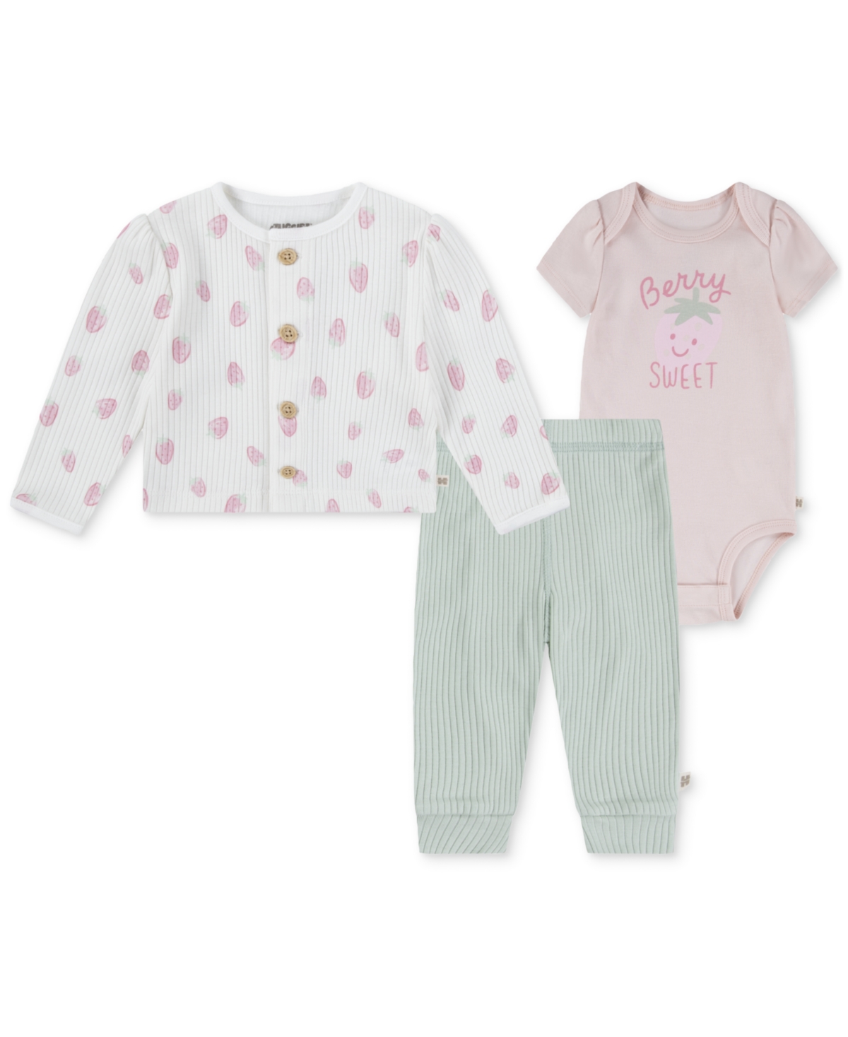 Huggies Baby Girls Turn Me Around Cotton Jacket, Bodysuit & Pants, 3-piece Set In Light Green,pink