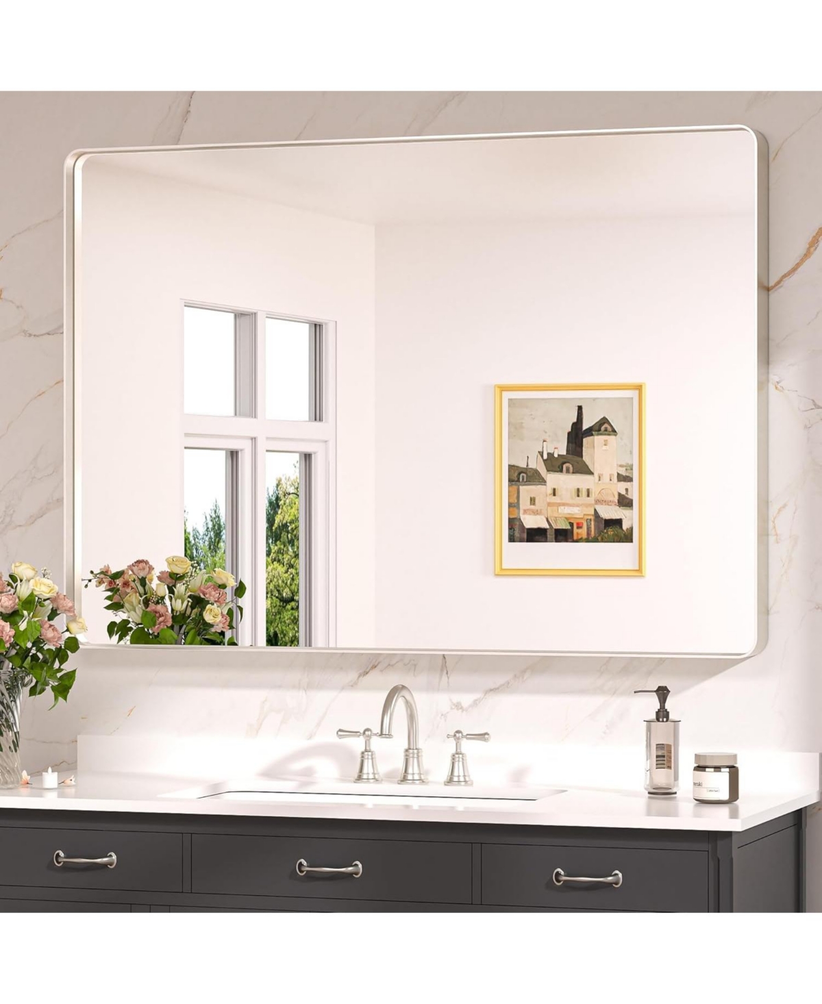 48x36 Inch Brushed Gold Bathroom Vanity Mirror Tempered Glass Metal Framed - White