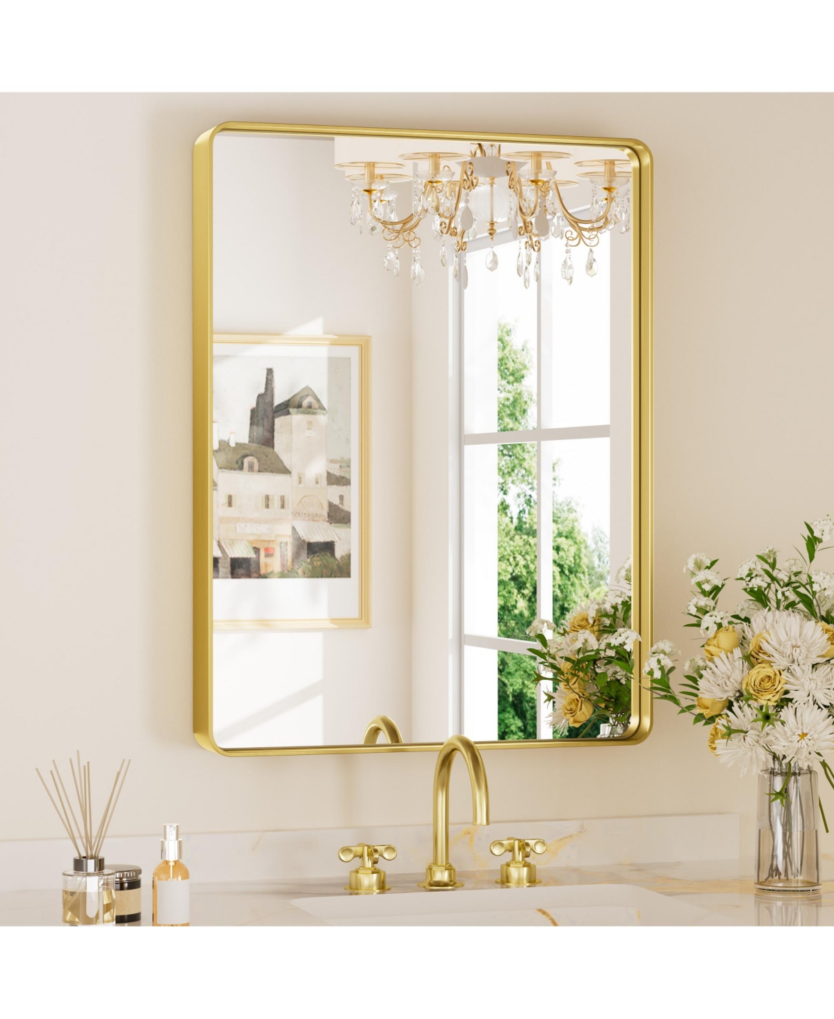 24x36 Inch Brushed Gold Bathroom Vanity Mirror Tempered Glass Metal Framed - White
