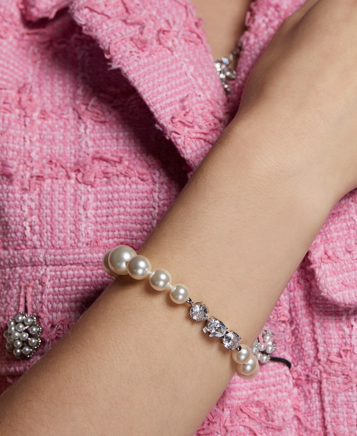 Eliot Danori Silver-tone Cubic Zirconia & Imitation Pearl Flex Bracelet, Exclusively At Macy's In Rhodium