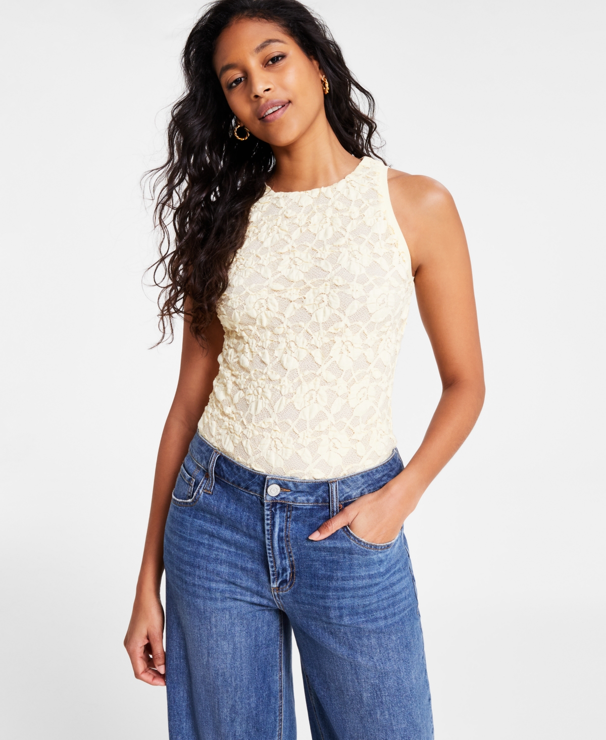 Women's Crewneck Sleeveless Lace Bodysuit, Exclusively at Macy's - Lemon Glow