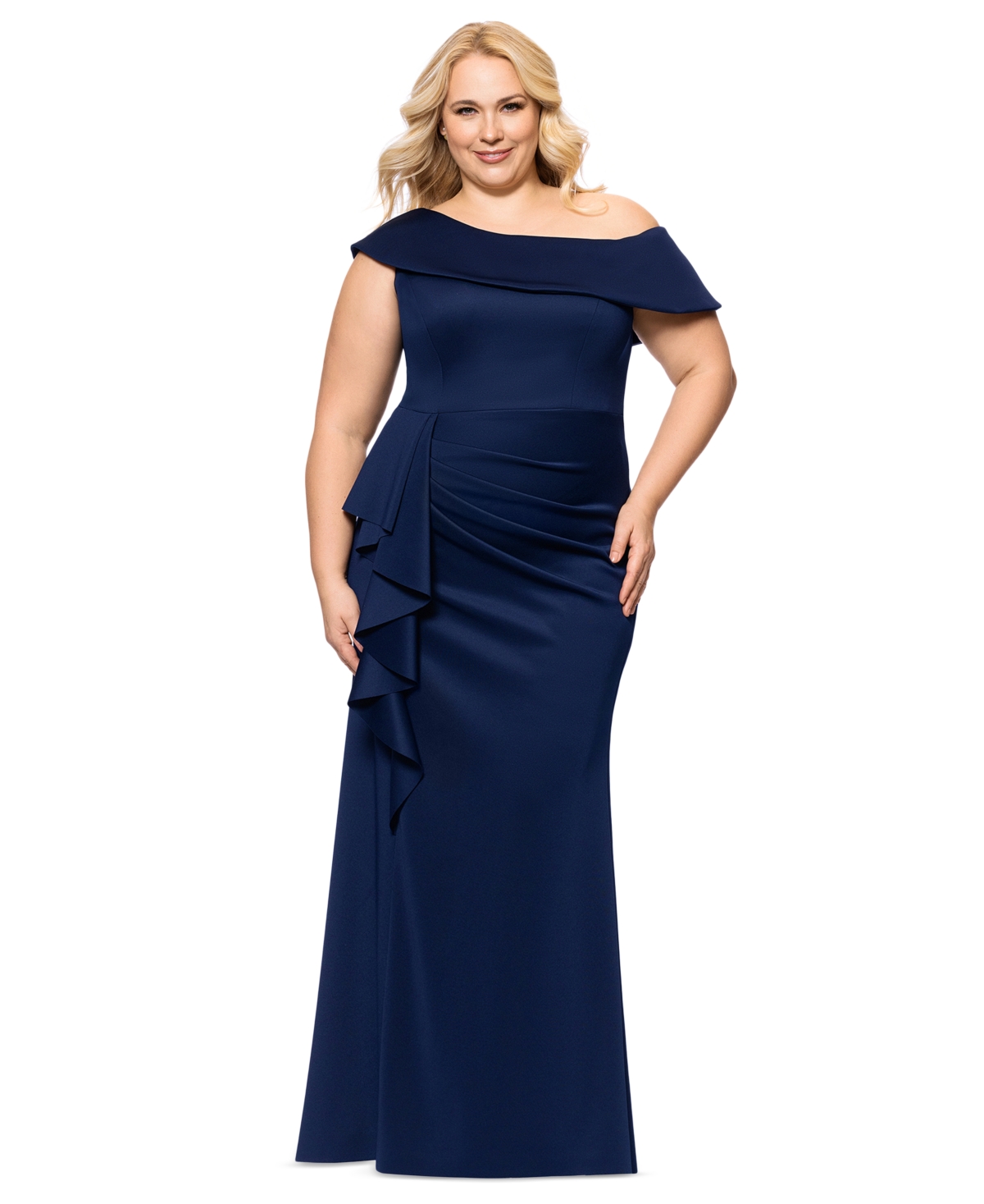 Plus Size Asymmetric Off-The-Shoulder Gown - Midnight