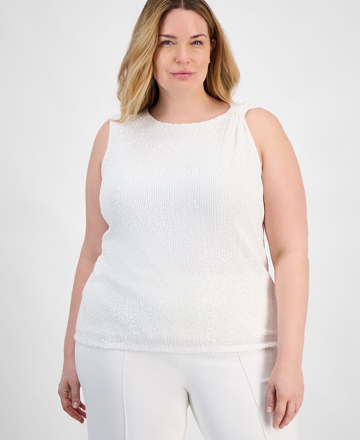 売れ筋商品|||アンクライン カットソー トップス レディース Plus Size Sleeveless Sequin Top Bright White Anne Klein Plus Size Sleeveless Sequin Top In Bright White