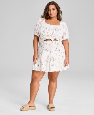 And Now This Plus Size Smocked-Waist Floral-Print Mini Skirt