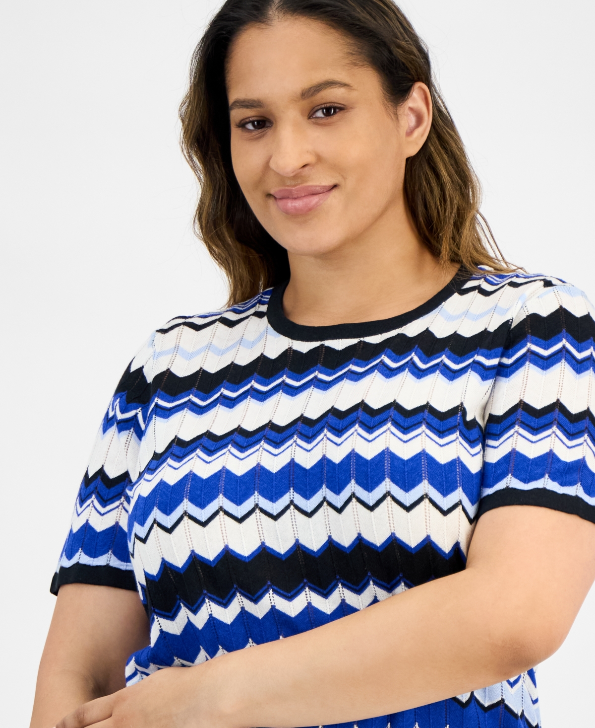 ANNE KLEIN PLUS SIZE CHEVRON-KNIT SHORT-SLEEVE SWEATER 