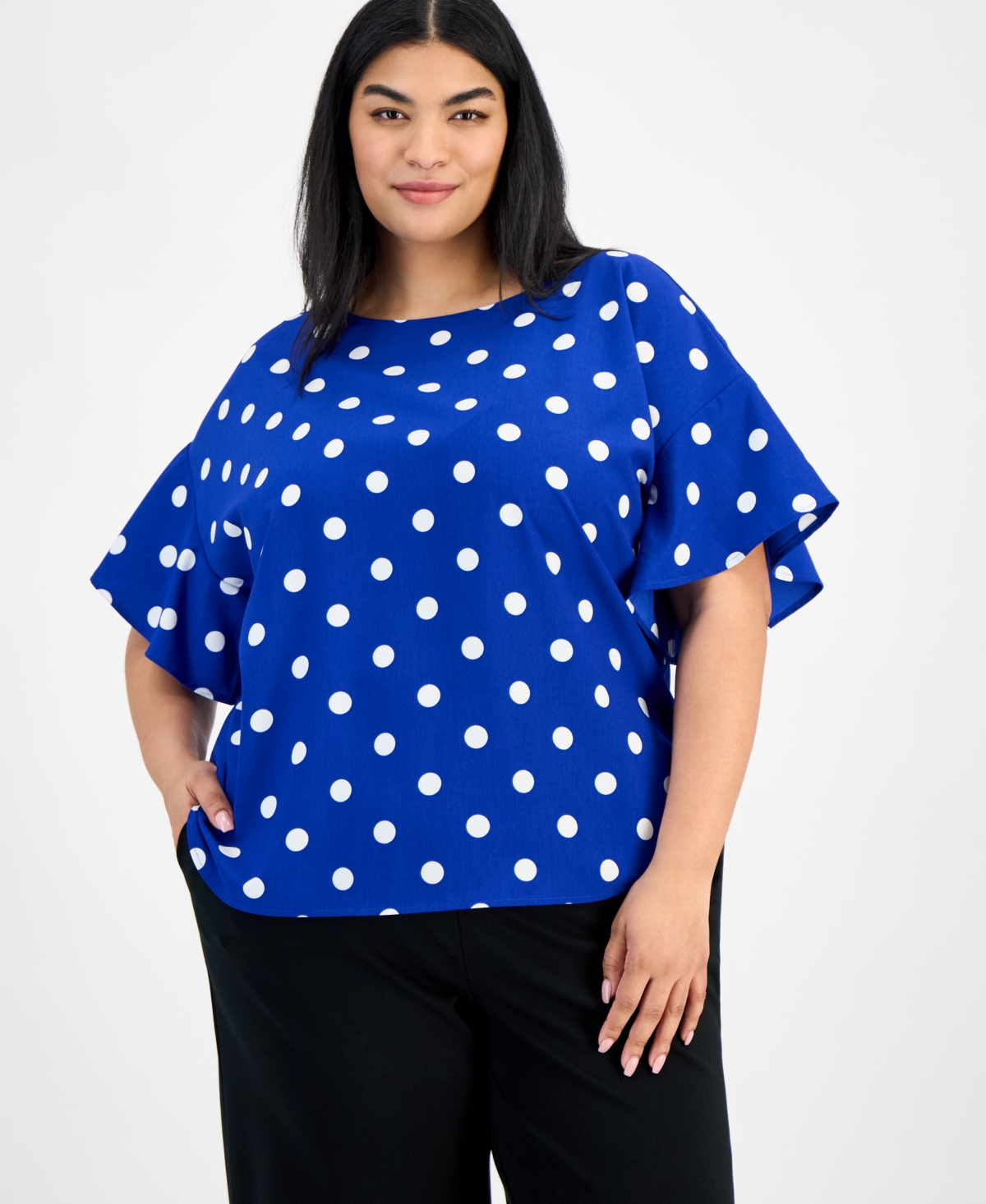 ANNE KLEIN PLUS SIZE PRINTED FLUTTER-SLEEVE BLOUSE 