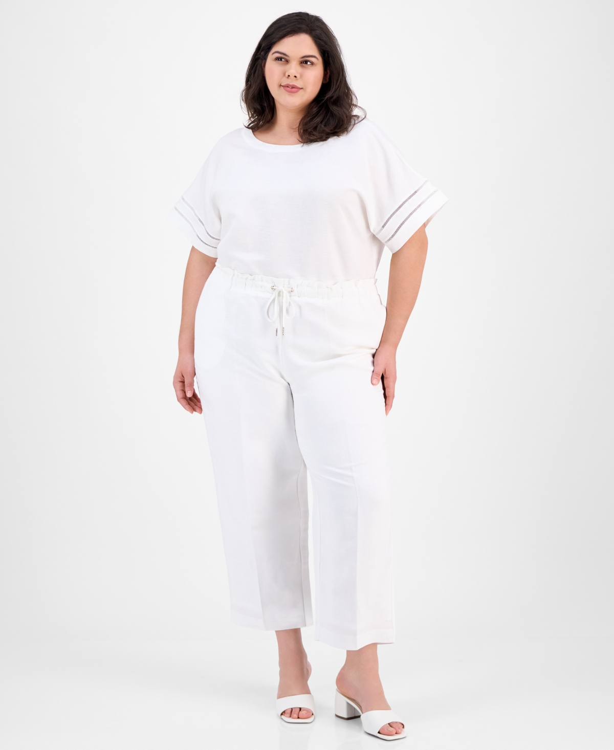Anne Klein Plus Size Drawstring High-rise Pants In Bright White