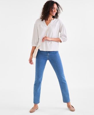 Women's Striped 3/4-Sleeve Split-Neck Top, Exclusively at Macy's