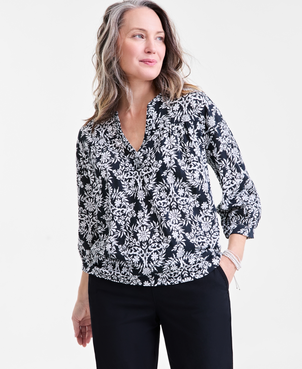 Shop Style & Co Petite Printed 3/4-sleeve Top, Exclusively At Macy's In Floral Black