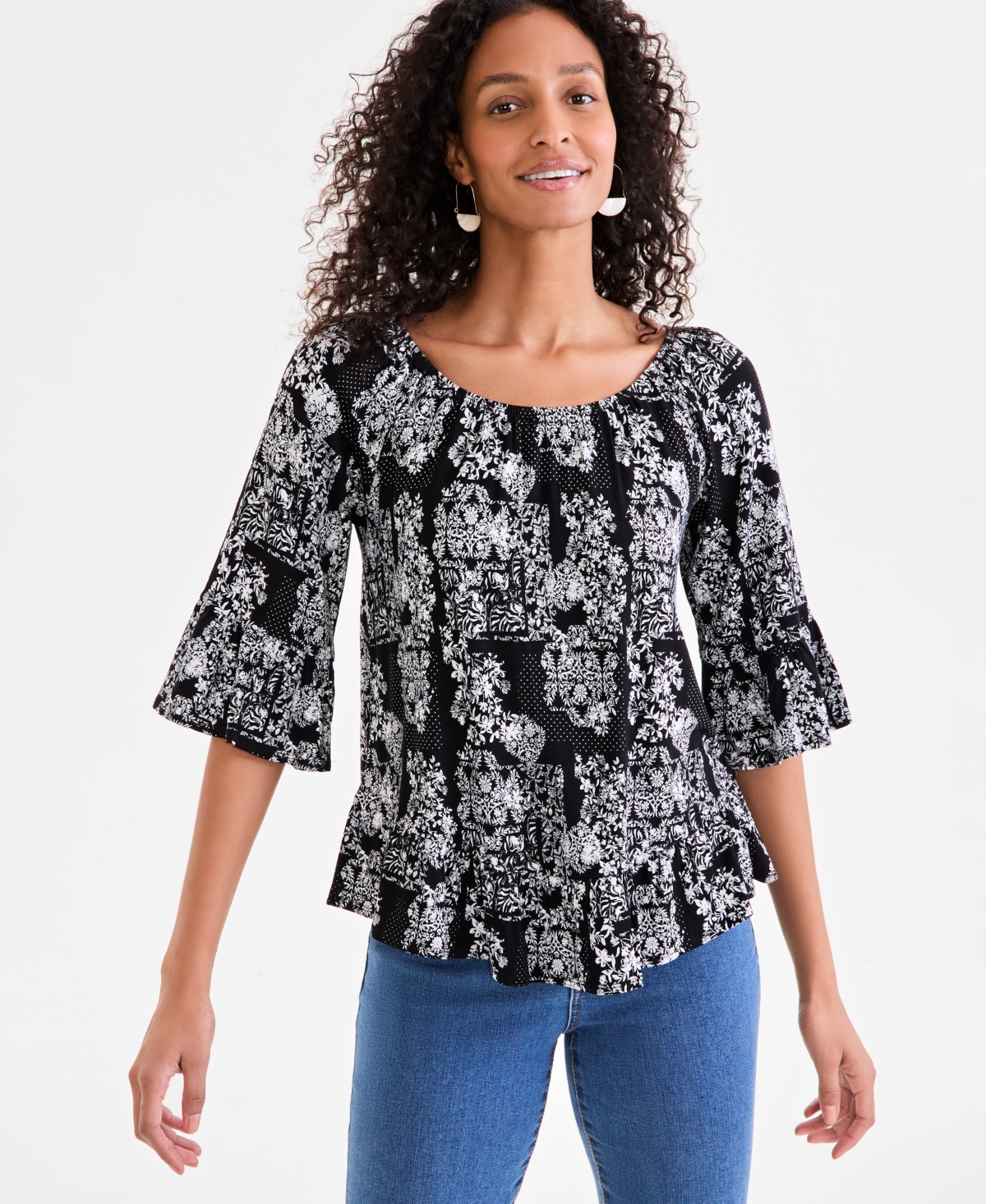 Style & Co Women's Printed On/off Shoulder Top, Exclusively At Macy's In Tonal Black