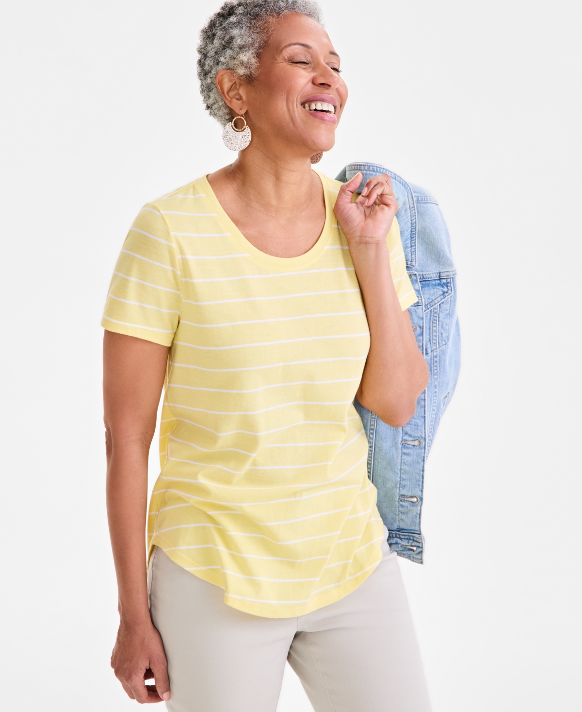 Women's Printed Crewneck Short-Sleeve T-Shirt, Exclusively at Macy's - Yellow Stripe