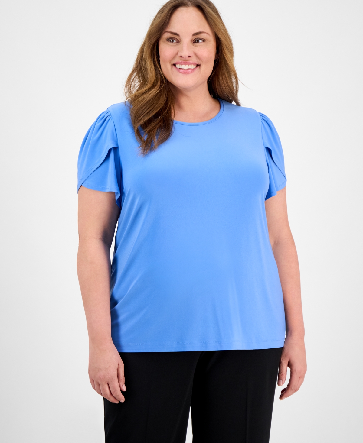 Plus Size Solid Tulip-Sleeve Crewneck Top - Marina Blue