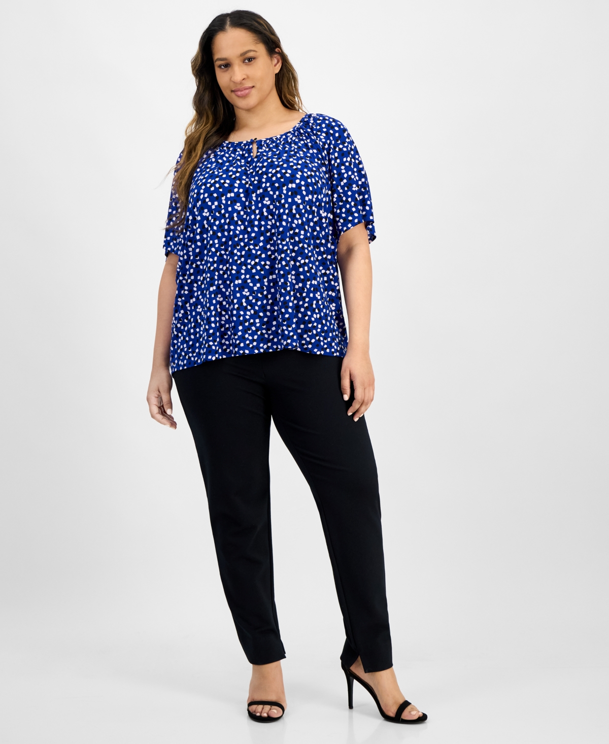 Ak Anne Klein Plus Size Keyhole-cutout Flutter-sleeve Top In Santorini Blue Multi
