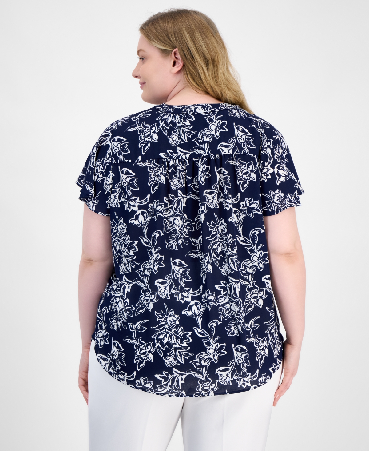 Ak Anne Klein Plus Size Floral-print Flutter-sleeve Top