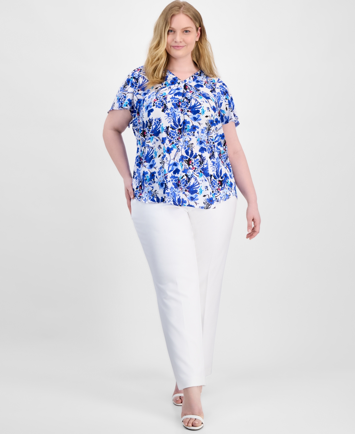 Ak Anne Klein Plus Size Printed Flutter-sleeve Top In Bright White Multi
