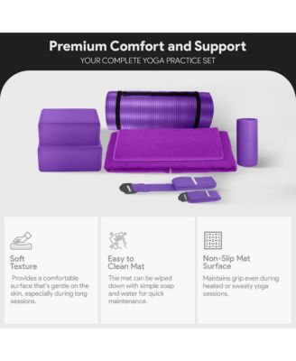 7 Piece Yoga Set with Mat, Stretch Strap, & Knee Pad, Purple