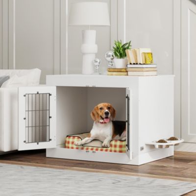 Dog Crate Furniture with 360° Rotatable Removable Dog Bowls,