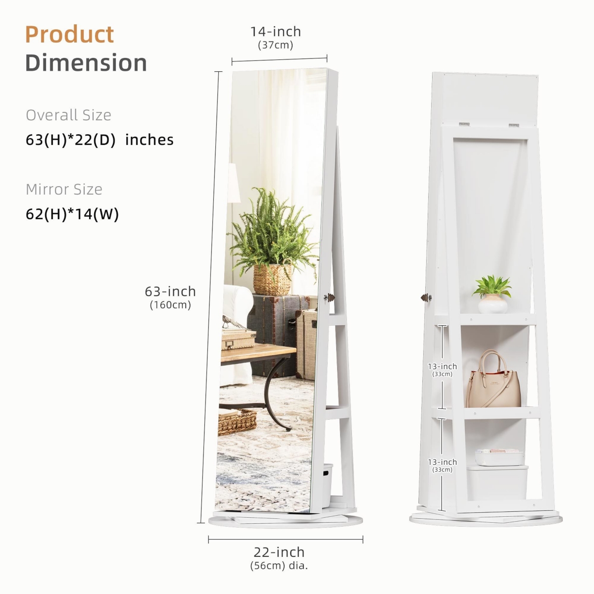 Vlsrka 360-degree Rotatable Floor Standing Full-Length Jewelry Armoire