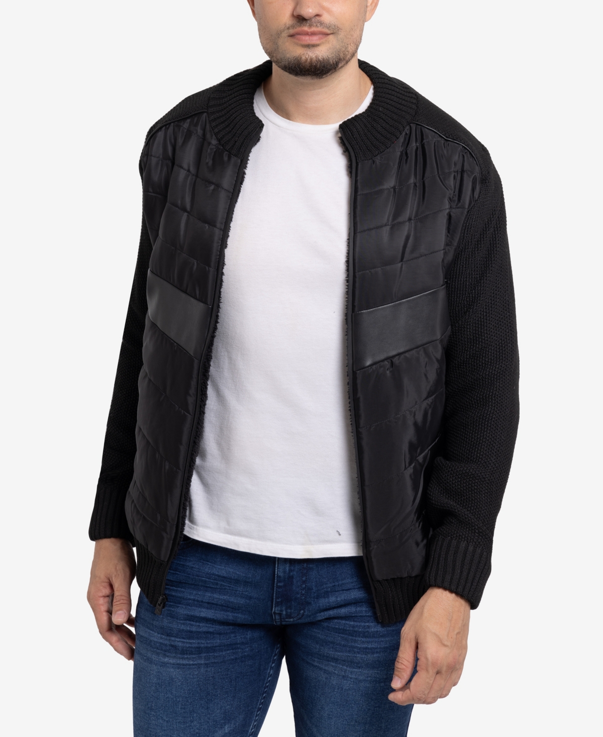 Men's Sherpa Lined Mixed Media Knit Sweater - Black, Charcoal