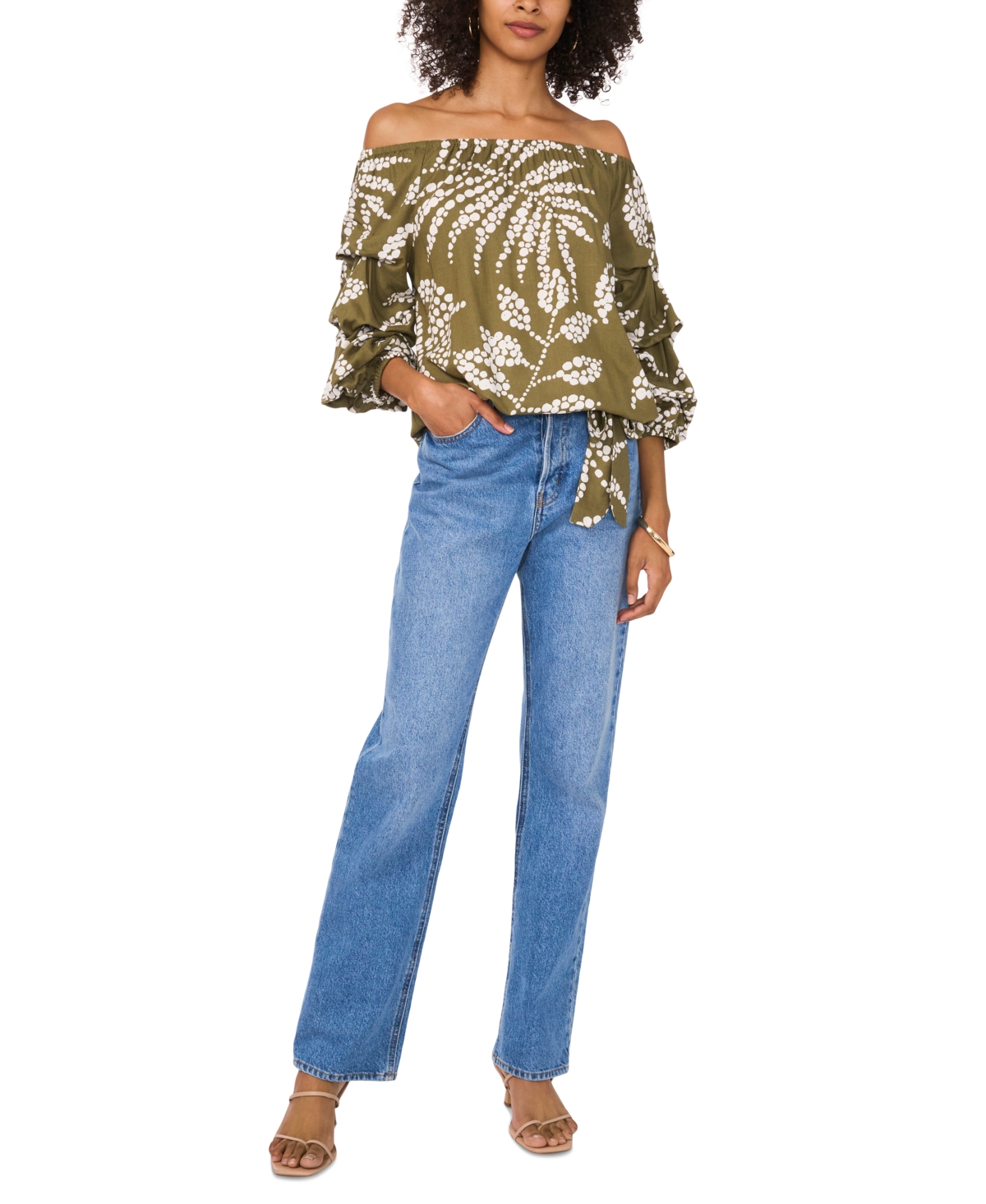 VINCE CAMUTO WOMEN'S TROPICAL-PRINT OFF-THE-SHOULDER BUBBLE 3/4-SLEEVE TIE-FRONT BLOUSE 