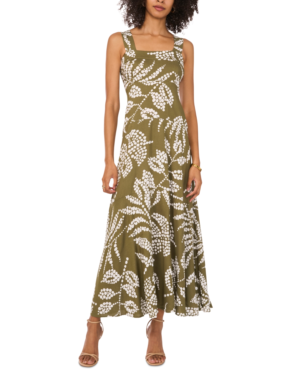 Vince Camuto Women's Printed Square-neck Smocked-back Maxi Dress In Pesto