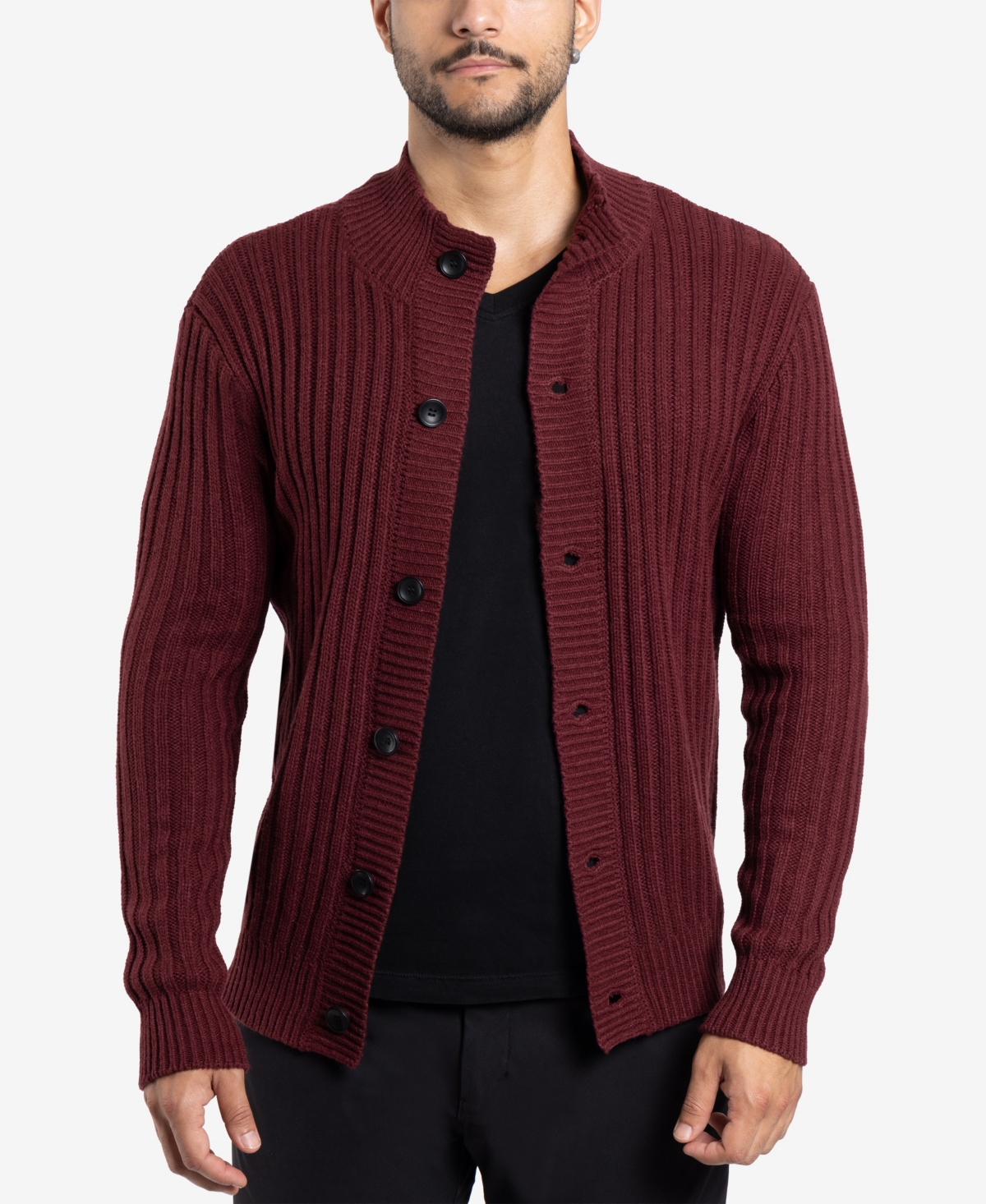 Men's Button Up Stand Collar Ribbed Knit Cardigan Sweater - Navy