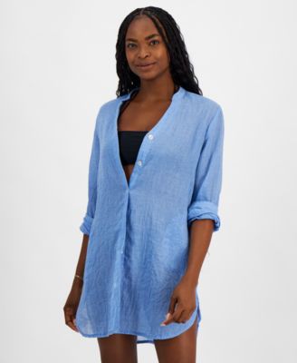 J Valdi - Women's Big Shirt Button-Front Long-Sleeve Swim Cover-Up