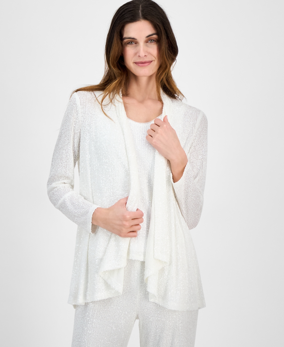 Anne Klein Petite Open-front Long-sleeve High-low Cardigan In Bright White