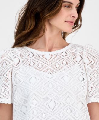 売れ筋商品|||アンクライン カットソー トップス レディース Petite Crewneck Short-Puff-Sleeve Lace Top Bright White Anne Klein Petite Crewneck Short-Puff-Sleeve Lace Top - Macy's