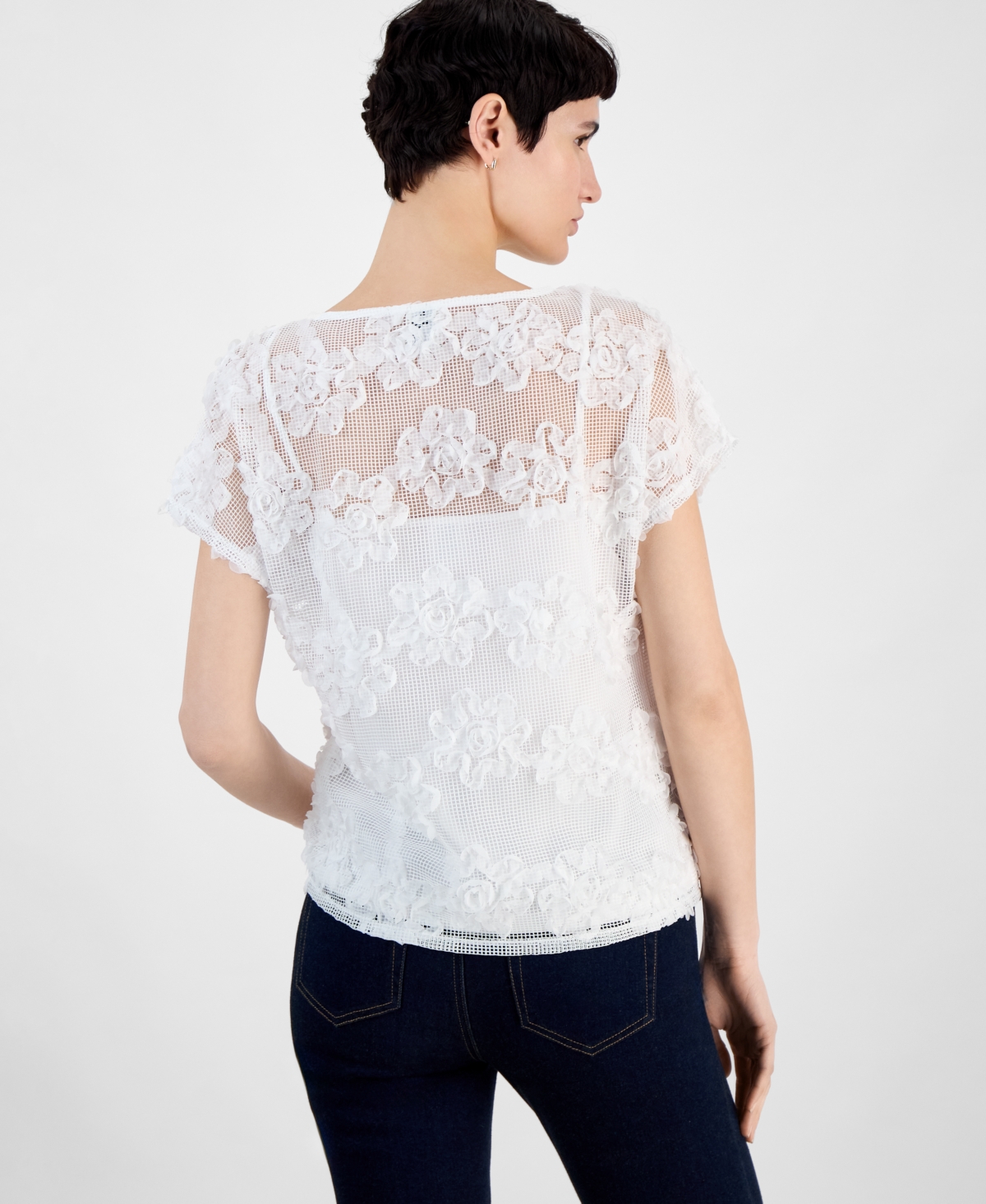 Anne Klein Women's Soutache Net Short-sleeve Top In Bright White