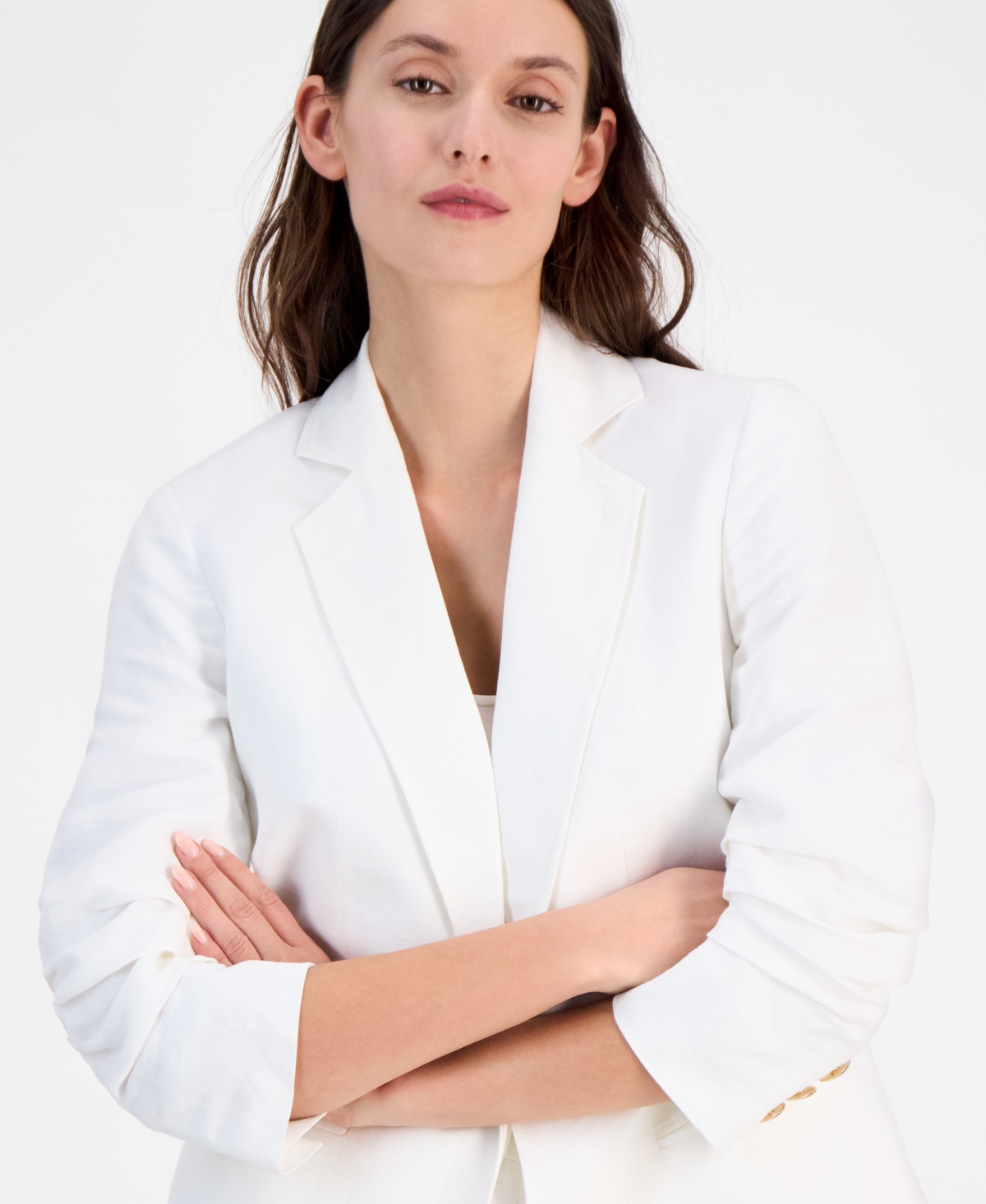 Anne Klein Women's Linen Blend Notch-collar 3/4-sleeve Open Jacket In Bright White