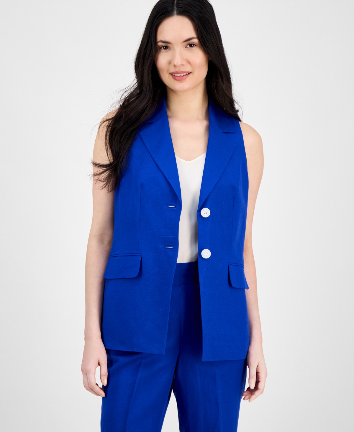 Anne Klein Womens Sleeveless Notched Collar Blazer High Rise Side Tab Pull On Pants In Santorini Blue