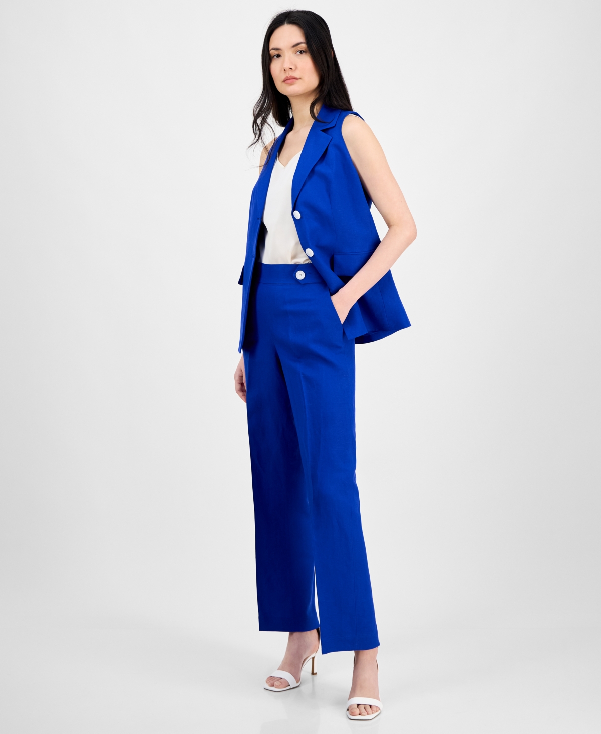 Shop Anne Klein Women's Linen Blend High Rise Side-tab Pull-on Pants In Santorini Blue