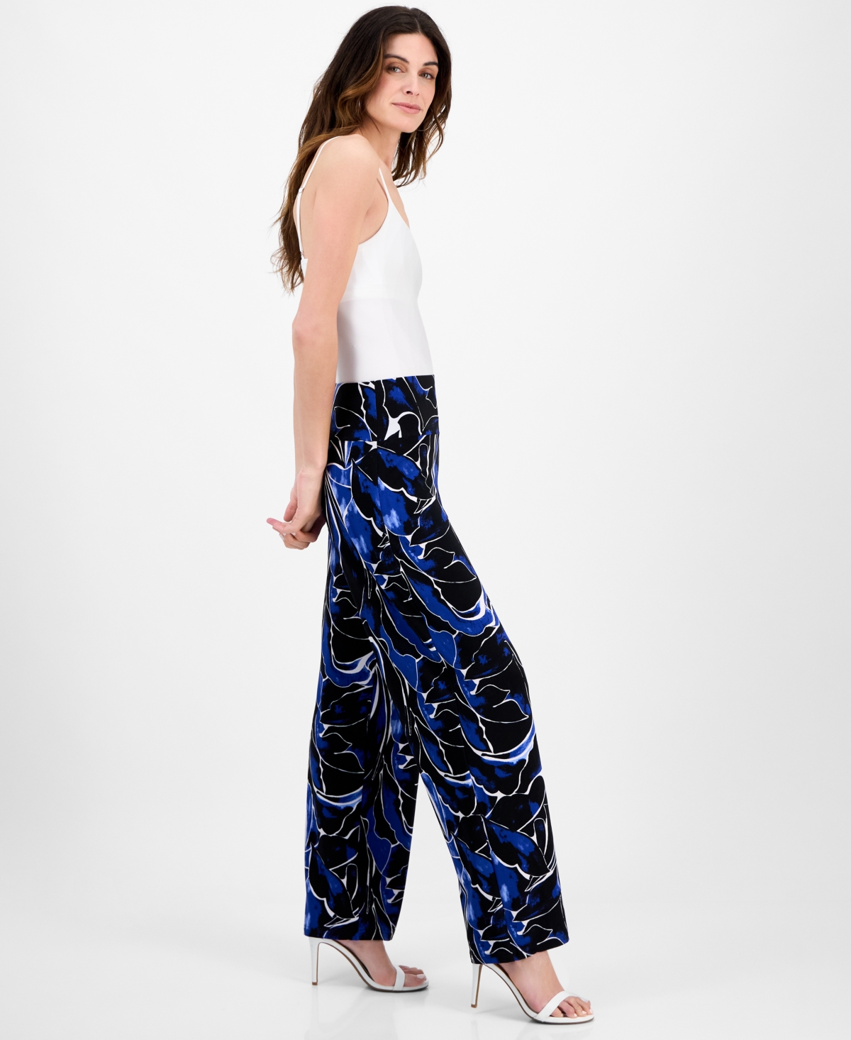 Shop Anne Klein Women's Printed Pull-on Wide-leg Pants In Santorini Blue Multi