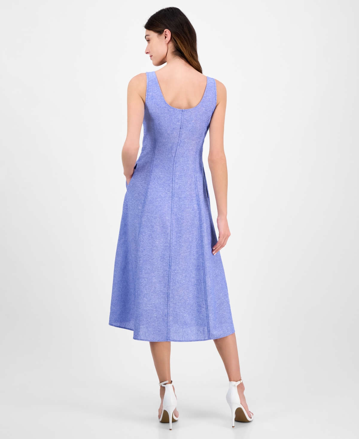 ANNE KLEIN WOMEN'S LINEN BLEND SLEEVELESS BUTTON-FRONT A-LINE DRESS 