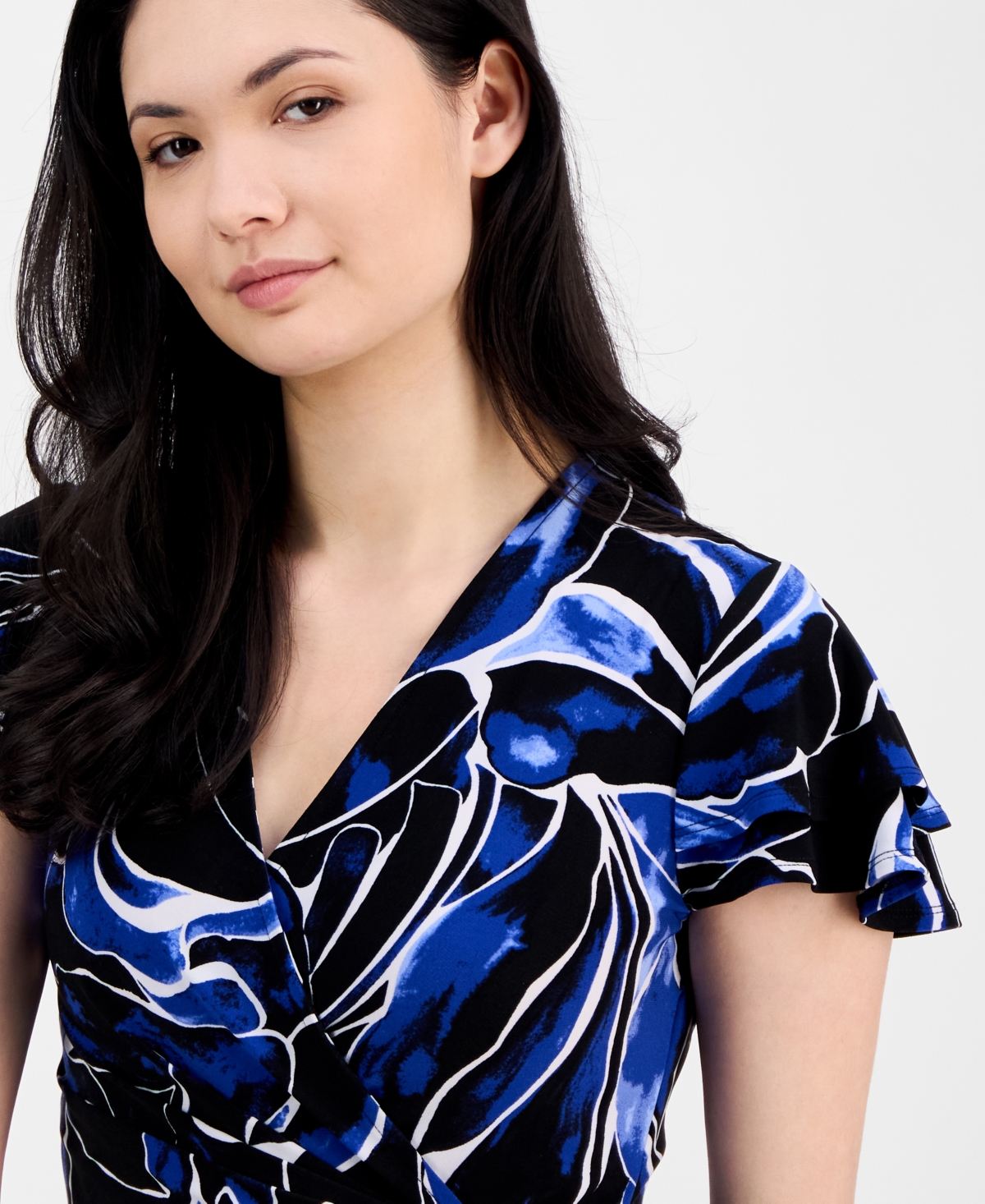 Anne Klein Abstract Print Flutter Sleeve Wrap Dress In Santorini Blue Multi