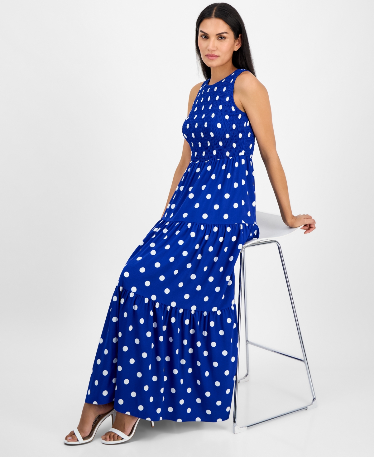 Shop Anne Klein Women's Printed Smocked Tiered Maxi Dress In Santorini Blue,bright White