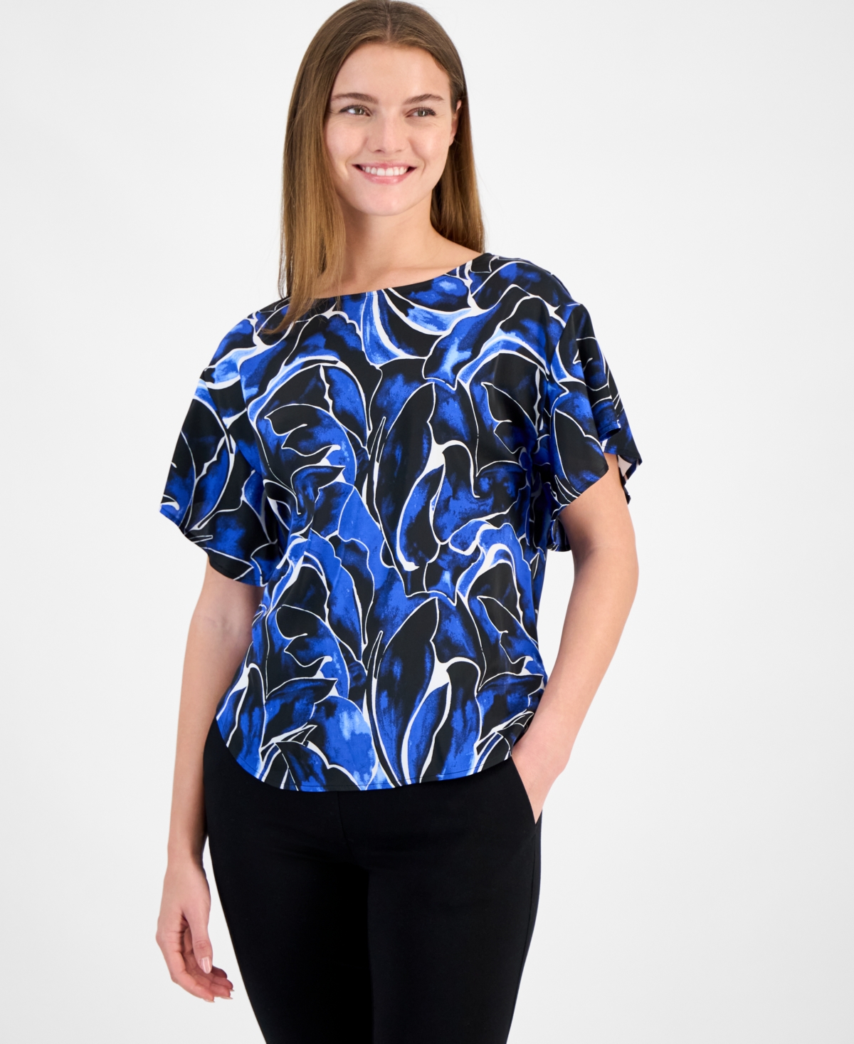 Anne Klein Abstract Floral Flutter Sleeve Top In Santorini Blue Multi