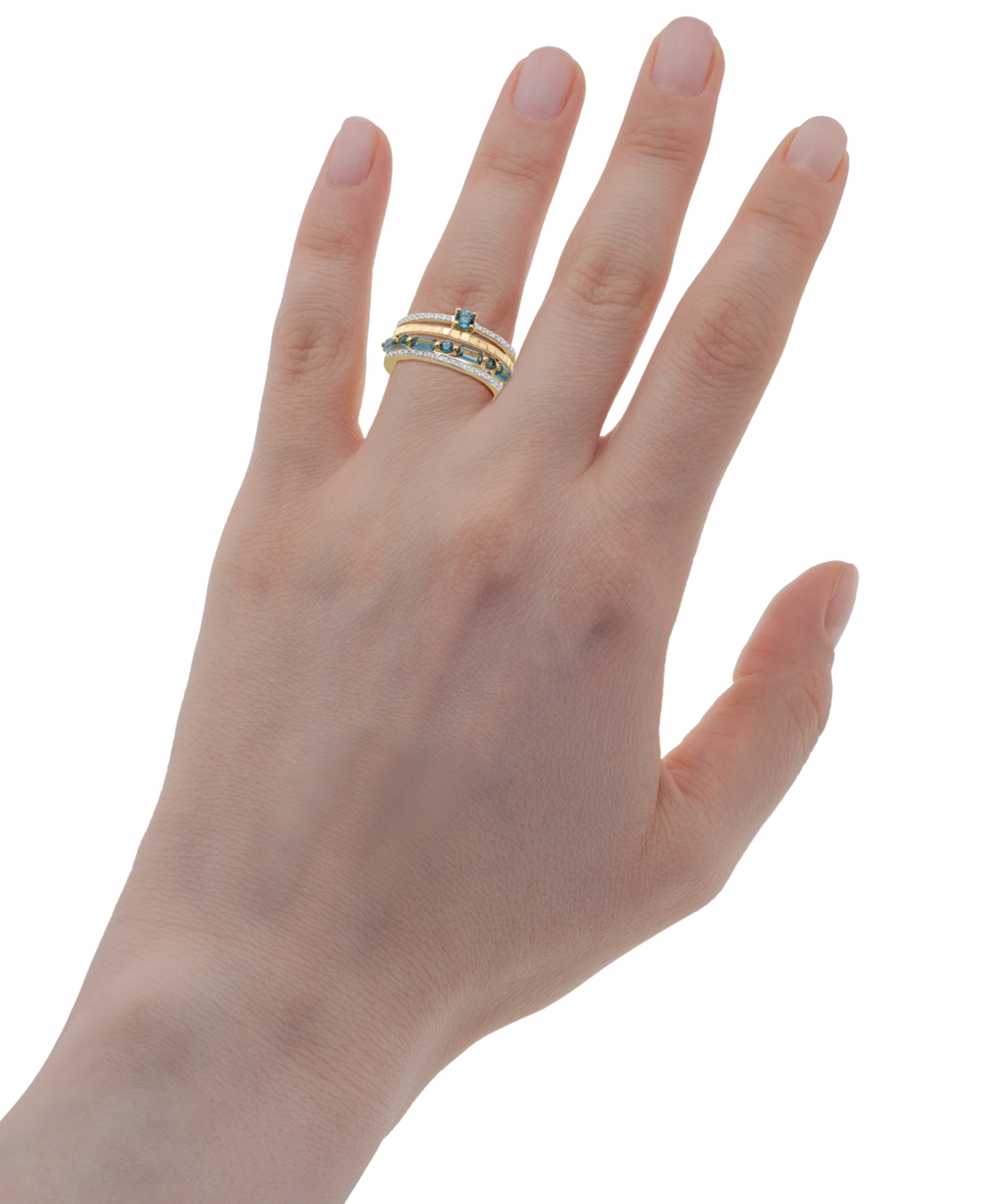 Macy's London Blue Topaz (1-3/8 Ct.t.w.) & Diamond (1/10 Ct. T.w.) Multirow Statement Ring In 14k Gold-plat In Yellow