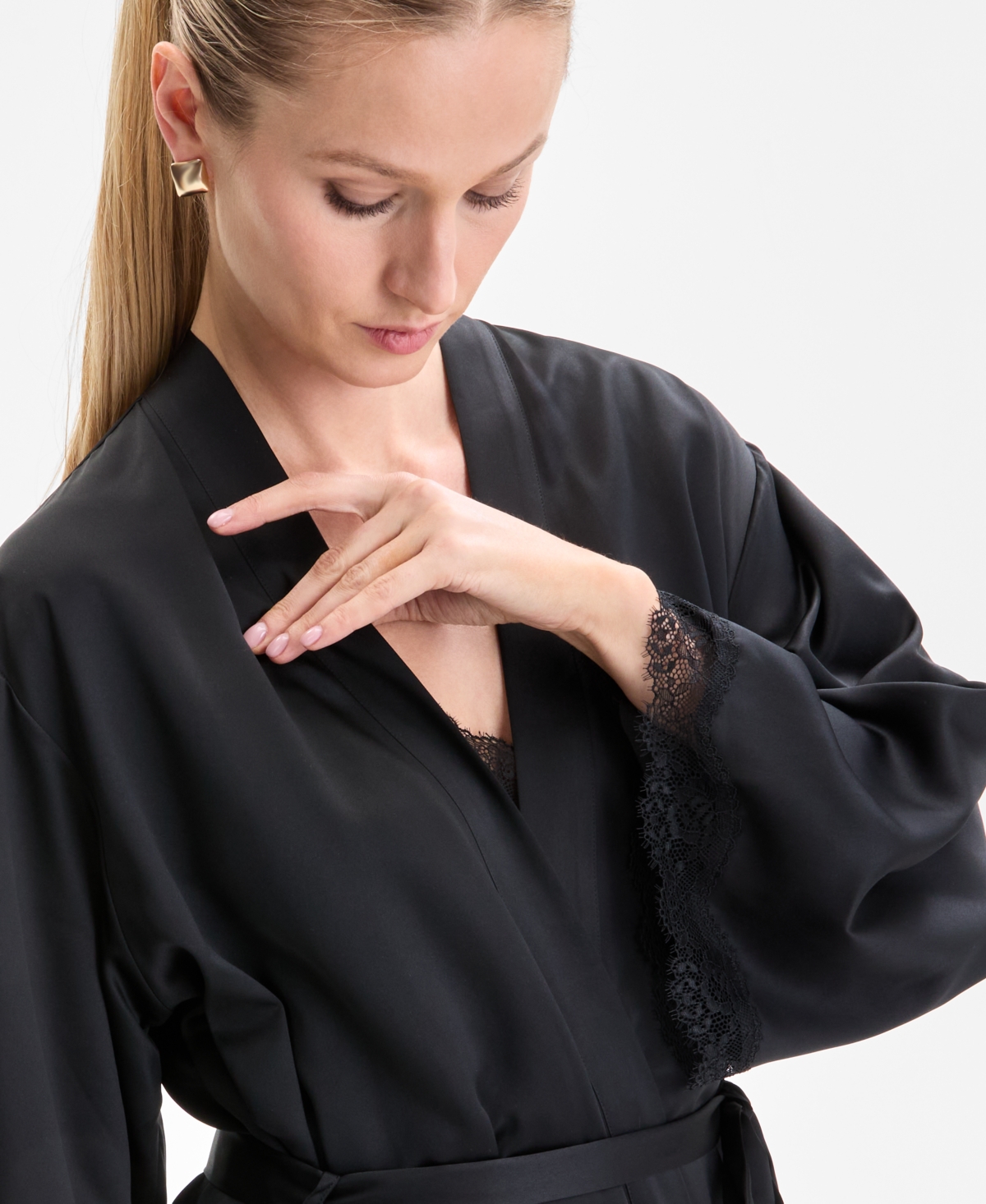 Inc International Concepts Women's Lace-trim Satin Robe, Exclusively At Macy's In Deep Black
