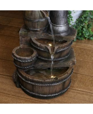 Cozy Farmhouse Pump and Barrels 23-Inch Outdoor Fountain with LED Lights - Polyresin - Electric Submersible Pump