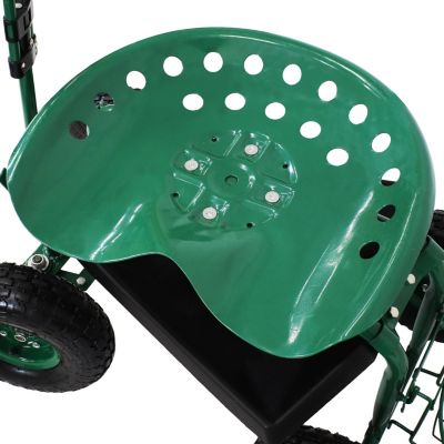 Garden Seat with Wheels - Rolling Garden Stool with Extendable Steer Handle, Swivel Seat and Utility Tool Tray - Green
