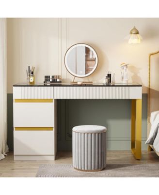 Vanity Desk: White & Gold Makeup Table with Glass Top, 4 Drawers & Visual Storage – Modern Dresser for Bedroom