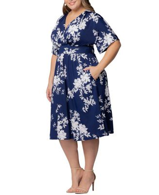 Kiyonna Plus Size Gia A-Line Midi Dress with Pockets - Navy Floral Print - 4X
