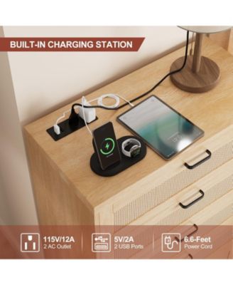 5 Drawer Rattan Dresser for Bedroom, 47.27” Tall Dresser with Power Outlets, Wood Dresser Chest of Drawers with Metal Handles for Living Room Closet Hallway Entryway