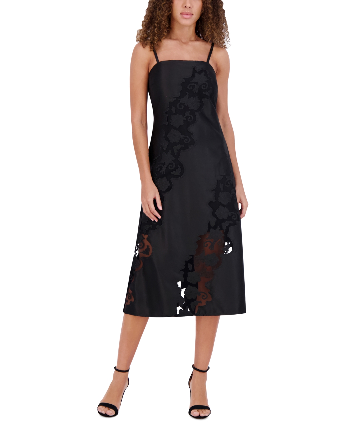 Women's Embroidered Mesh Sleeveless Midi Dress - Black